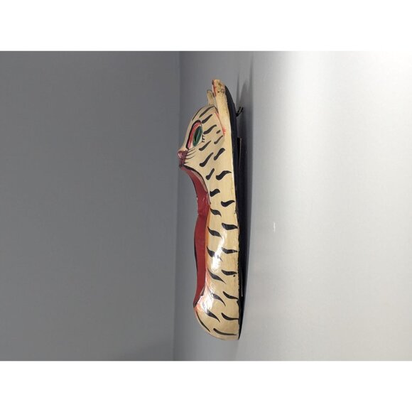 Vintage Cat Head Mirror Balinese Wooden Carved Hand Painted Tiger Striped Tabby - Picture 10 of 10